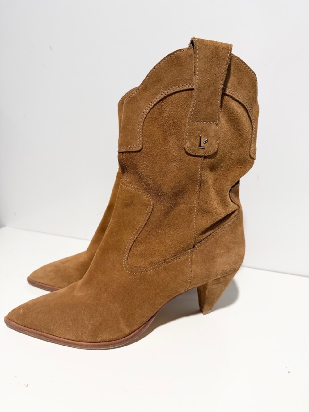 Larroude Thelma Suede Mid Calf Boot Women's Brown Western Heel Pointed Toe 10